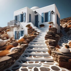 Traditional White House with Blue Doors on a Greek Island. deal for use in travel blogs, Mediterranean tourism brochures