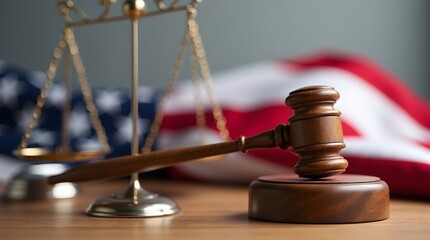 Close-up of a wooden gavel in front of a scale of justice and an American flag, symbolizing law and justice.