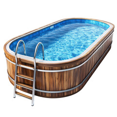 Elegant wooden above-ground pool surrounded by clear blue water in a sunny outdoor setting