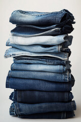 A neatly stacked pile of folded blue jeans in varying shades of denim fabric