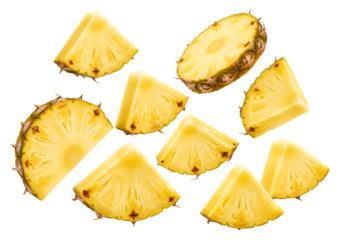 Pineapple pieces falling isolated on white or transparent background. PNG, slices of pineapple