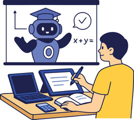 Online Education Vector Illustration. Student learns with a robot on the screen.