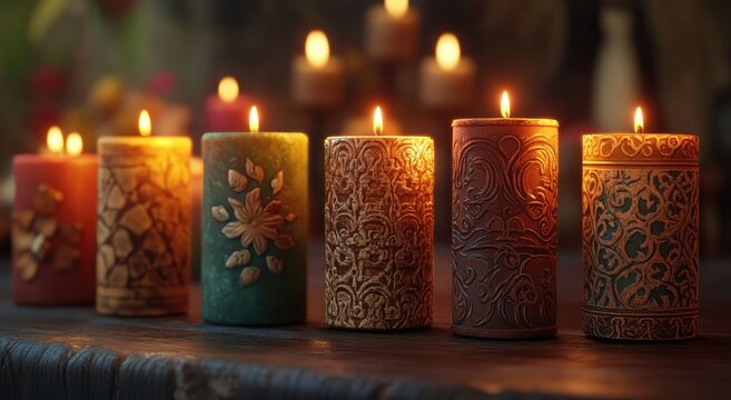 Row of decorative candles on a wooden table