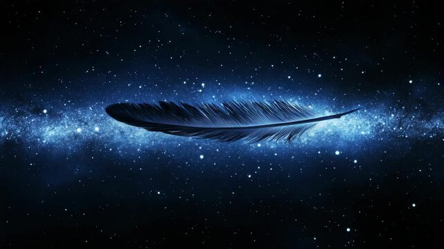 Elegant Blue Feather Against Cosmic Background in Dark Space