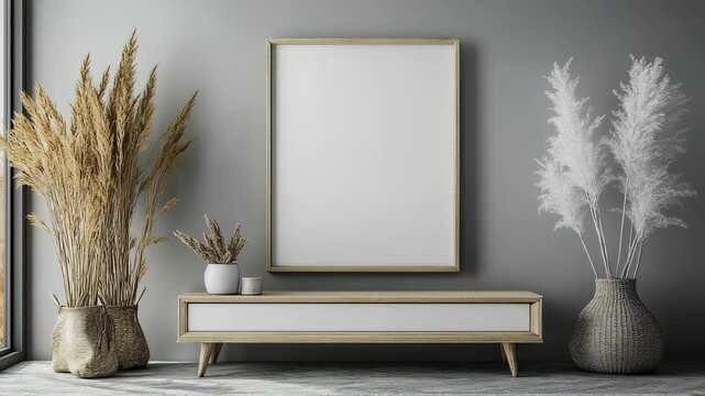 Elegant interior design with blank frame and dried floral arrangements backdrop