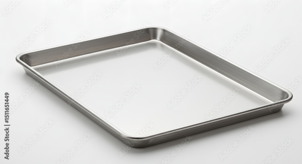 Poster a gleaming metal baking sheet resting on a pristine white surface casting soft shadows