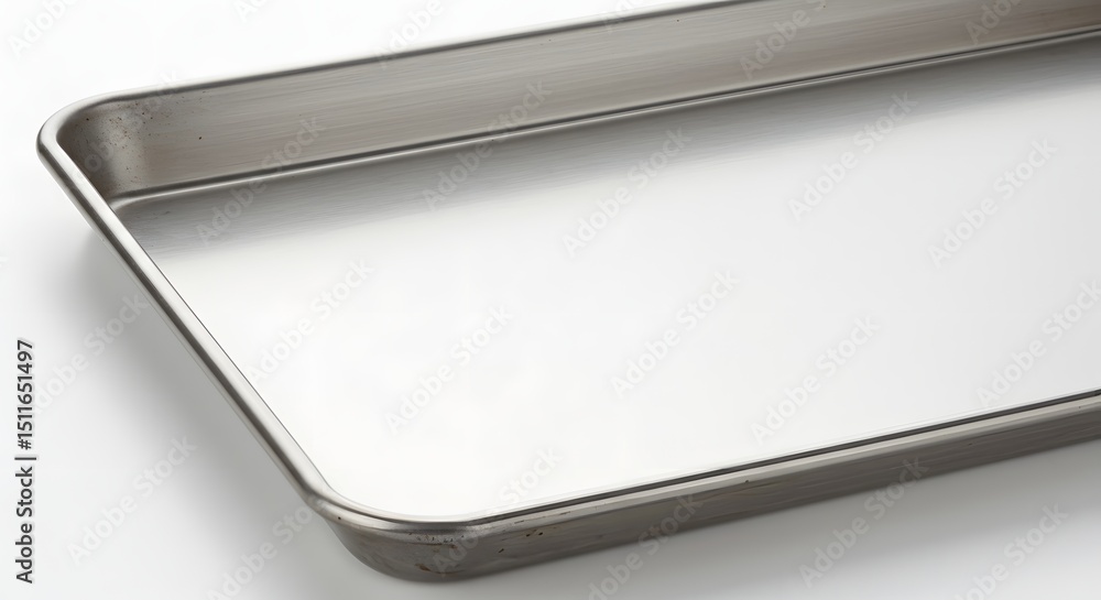 Poster a simple studio shot of a clean and empty rectangular metal baking sheet on white background