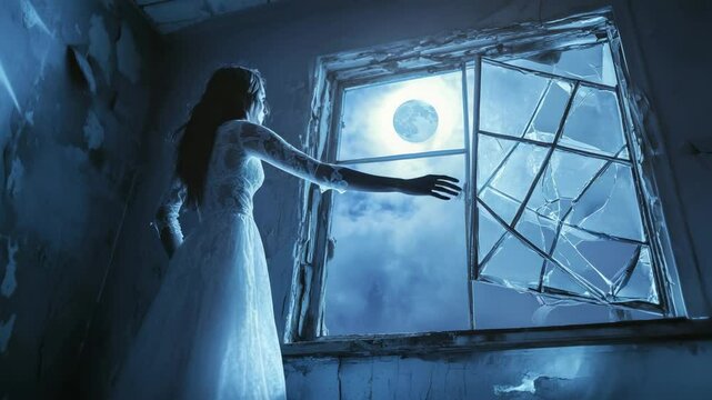 Ghostly bride in white wedding gown standing near broken window, reaching toward moonlight inside decaying abandoned house, embodying haunting supernatural atmosphere of despair and isolation