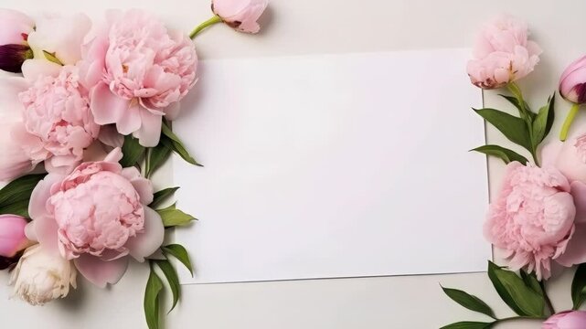 blank paper sheet for invitation on the white table with peony flowers
