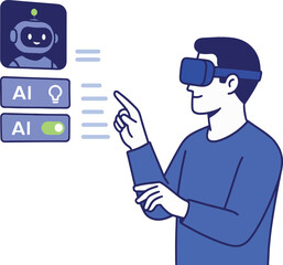 AI and VR Vector Illustration. Man uses VR and interacts with AI.