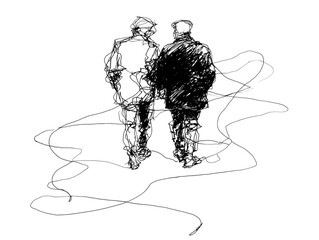 A sketchy line art drawing depicts two men standing back to back on an abstract swirling path.