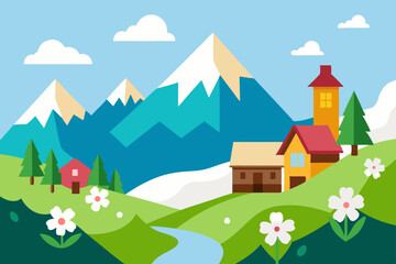 Fototapeta premium cartoon alpine village in spring with flowers tim 