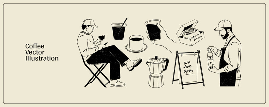 Coffee shop set vector design with vintage retro hand-drawn style vector illustrations