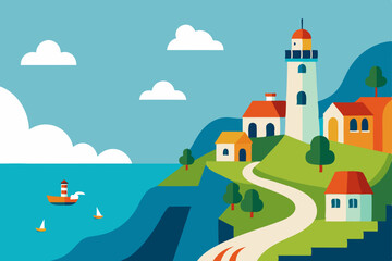 Naklejka premium cartoon coastal cliffside town with winding street 