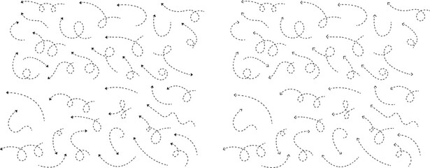 dot arrow icon set. Hand drawn black dotted line doodle arrow, curve arrow vector collection. Sketch curved dashed arrows design isolated on transparent background. Direction shape for web and app.