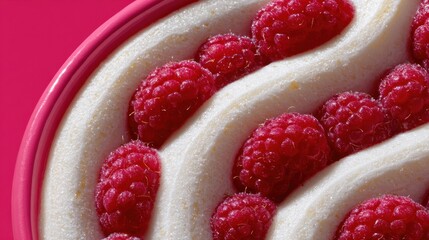 Vortex of banana slices swirling with vibrant red raspberries in a dynamic display. National Ice Cream Month