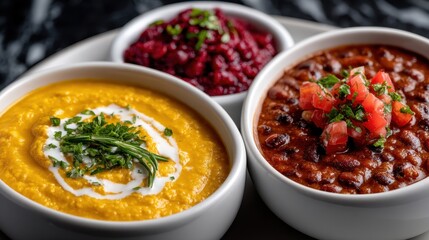 Delicious bean dishes served in minimalistic bowls for a colorful dining experience. Beans Month