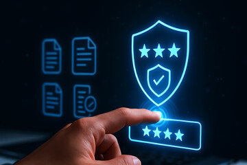 Finger pressing shield icon for secure five-star rating in glowing blue interface