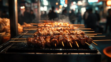 Night Market Delights:  Grilling Skewers Under City Lights