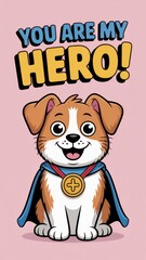 Smiling cartoon pet dog wearing a cape and medal celebrates bravery with a cheerful expression. National Lost Pet Prevention Month