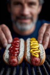 Preparing hot dogs on the grill with ketchup and mustard for a summer barbecue celebration. National Hot Dog Month