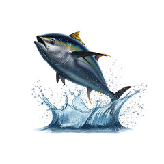 Yellowfin tuna jumping water splash isolated on transparent background