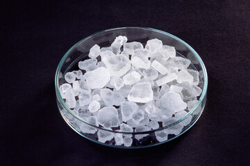 Ayurvedic herb Kapur camphor cinnamomum camphora in plate on black background