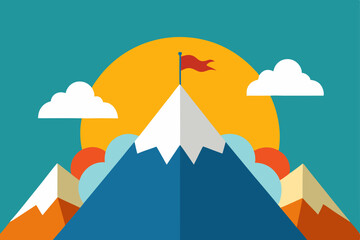 cartoon mountaintop sunrise with prayer flags flut