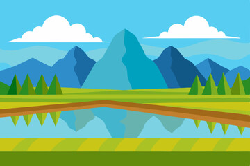 cartoon rice paddy landscape with mountains 