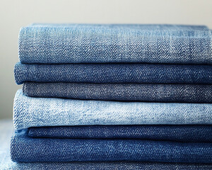 Stack of folded denim jeans in various shades of blue on a neutral background