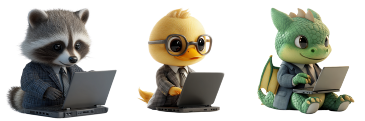 Cute Animal Characters Working on Laptops in Business Attire
