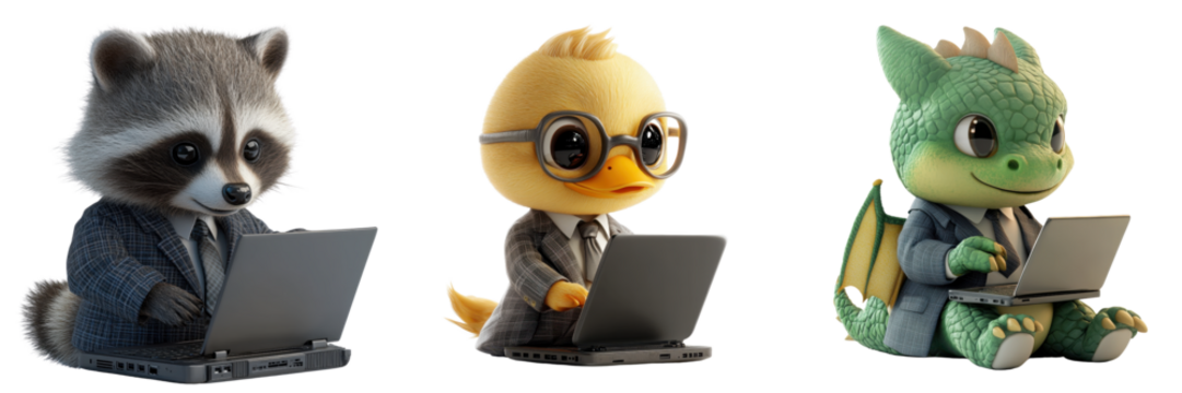 Cute Animal Characters Working on Laptops in Business Attire