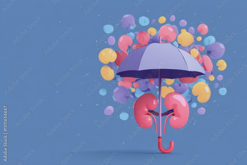 Poster protecting kidneys with a colorful umbrella in a vibrant animated scene, symbolizing health and safe