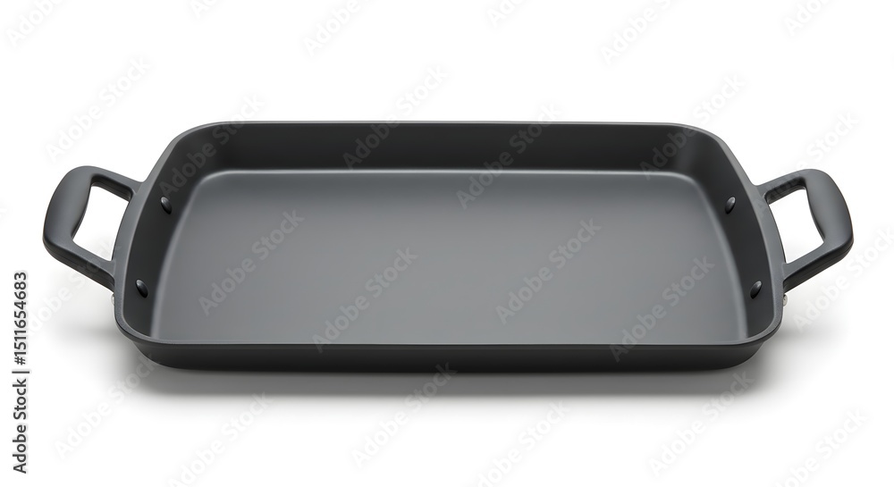 Poster a gray rectangular griddle pan with handles isolated on a white background surface