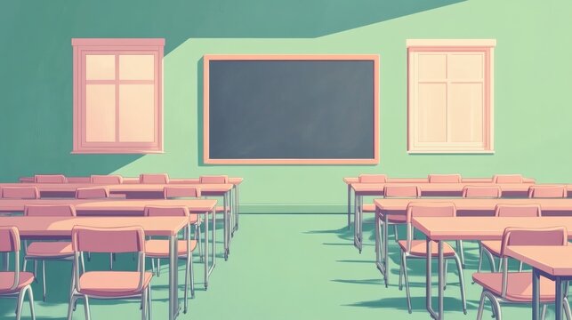 Empty school classroom and green chalkboard with empty space. Cartoon or Japanese anime watercolor painting illustration style.
