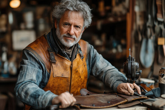 Man sculpting leather with precision.