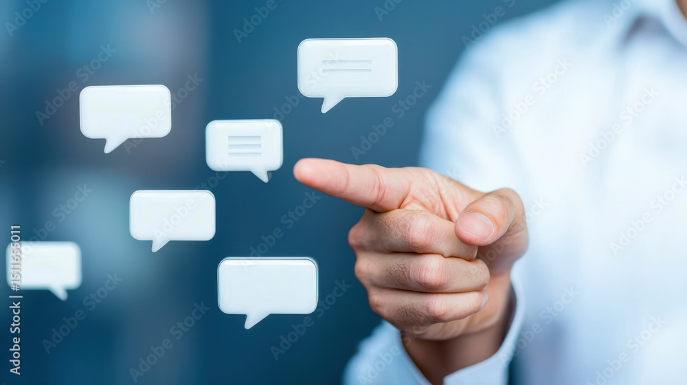 Poster engaging businessperson pointing at floating speech bubbles, symbolizing communication and interacti