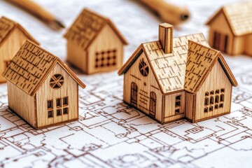 Miniature wooden houses on architectural blueprints