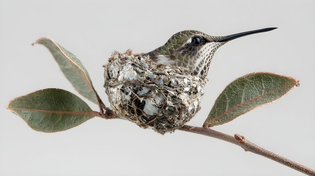 Hummingbird nest built on a leaf stem, tiny and compact, transparent background
