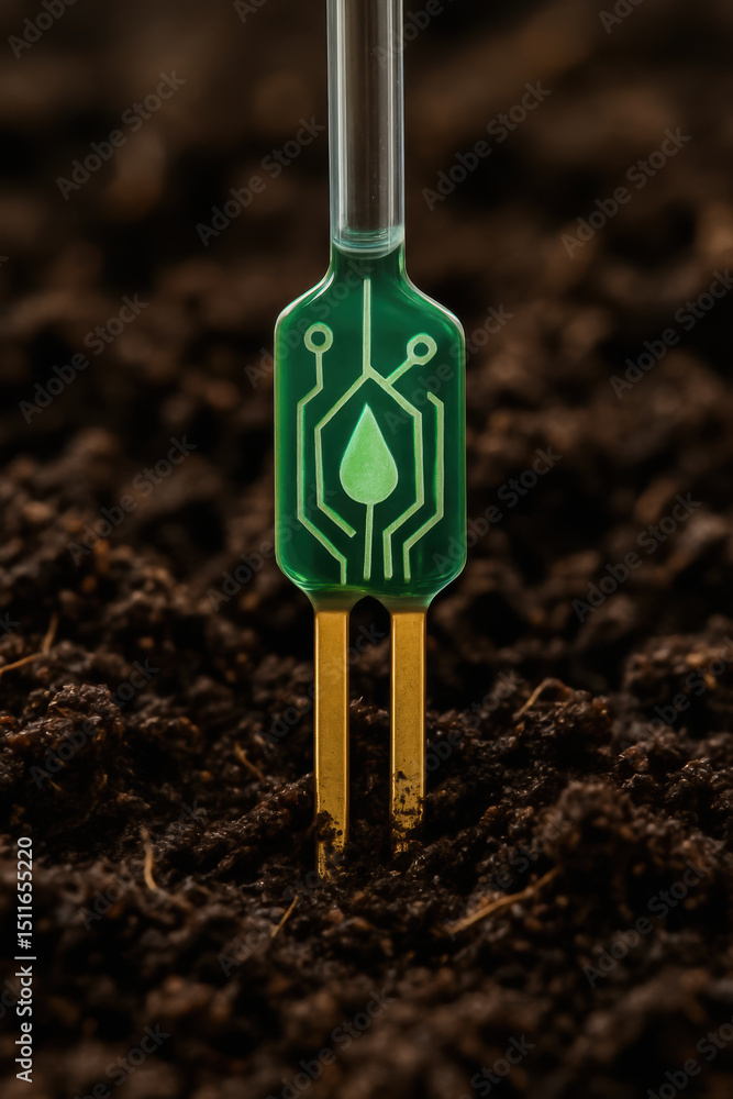 Poster bio innovation in engineering is represented by green sensor with leaf symbol embedded in soil for e