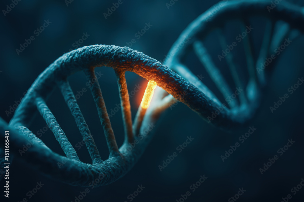 Poster dna strand bio innovation concept with glowing segment representing genetic engineering and scientif