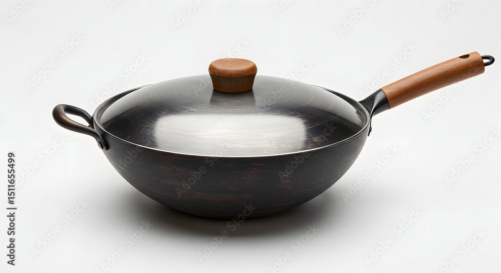 Poster a wok with a wooden handle and a lid on a white background in a studio setting view