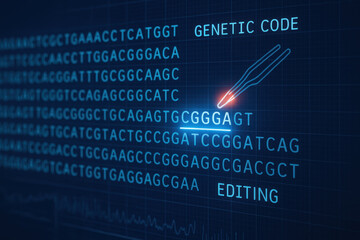 Obraz premium Genetic code editing concept with DNA sequence and glowing gene segment being modified by digital tool, symbolizing biotechnology innovation