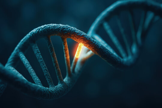 DNA strand bio innovation concept with glowing segment representing genetic engineering and scientific research progress