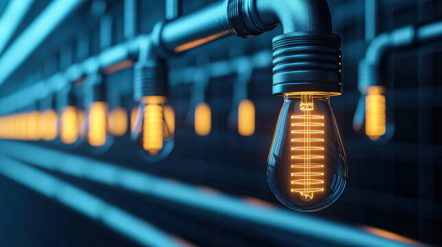 Row of glowing vintage style light bulbs with visible filaments is suspended from metallic pipe, creating warm and industrial ambiance. background features blurred continuation of pipe and bulbs
