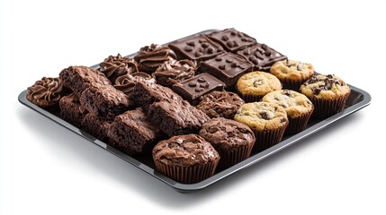 A rectangular tray holds an assortment of chocolate brownies, chocolate chip muffins, and frosted brownies, all in various sizes and shapes, against a stark white background