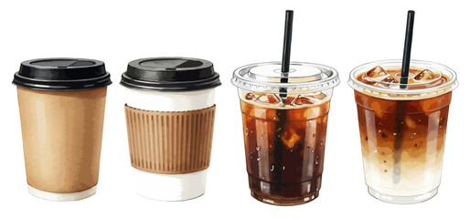 テイクアウトのコーヒーの水彩手書き風イラストセット アイスコーヒー / ホットコーヒー
