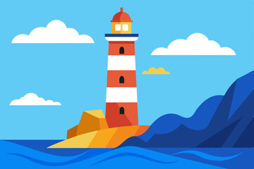 cartoon seaside lighthouse with crashing waves  