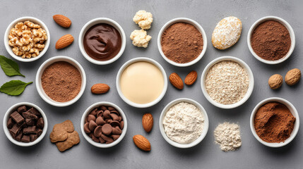 Assortment of plant based baking ingredients is displayed in small bowls on gray surface, including nuts, cocoa powder, chocolate chips, and flour. arrangement is visually appealing