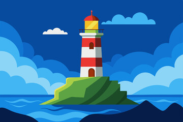 cartoon seaside lighthouse with crashing waves  
